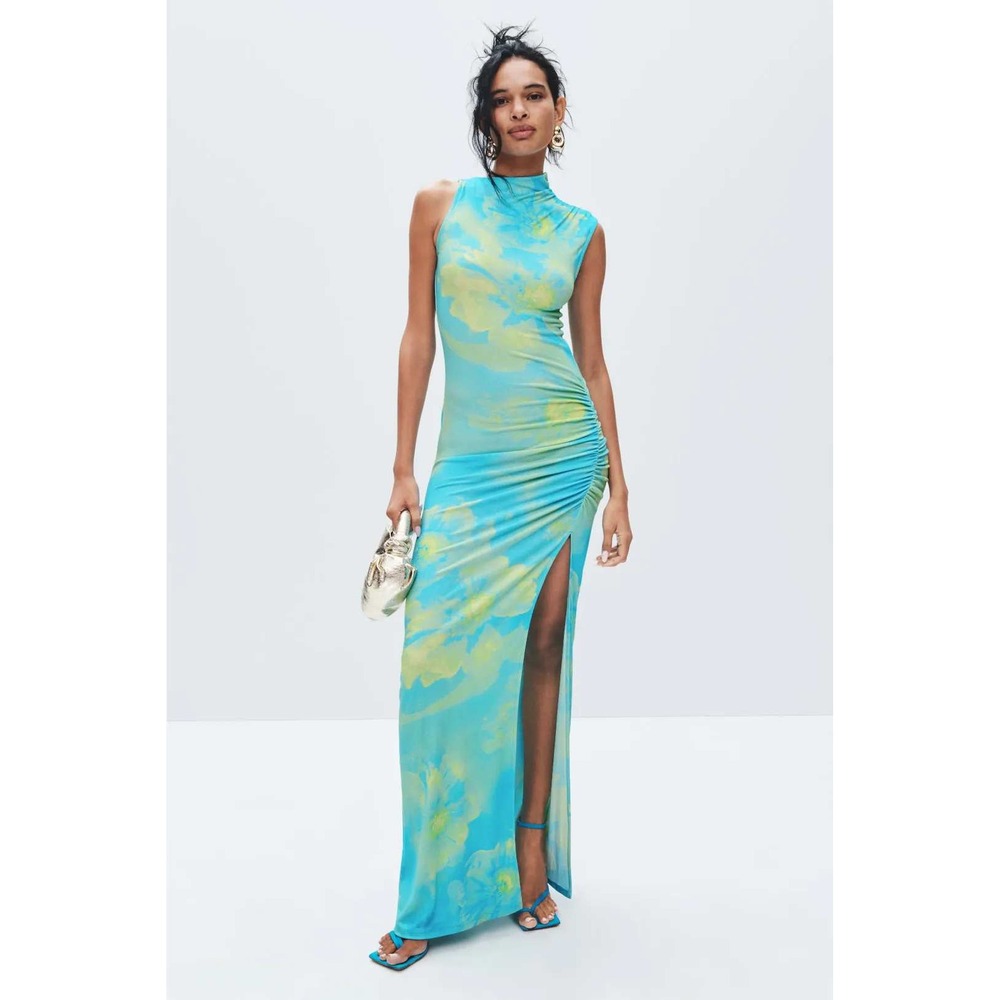 Summi Summi Valentina Maxi Dress Blue Yellow Abstract Ruched Jersey Womens Sz S